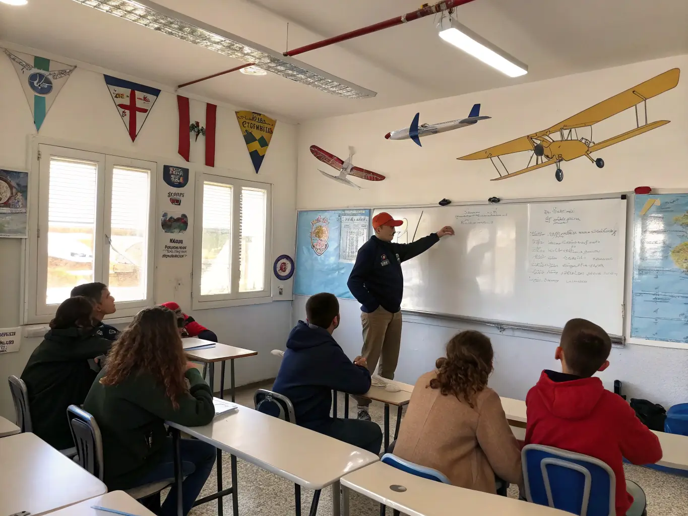 A group of students participating in a ground school session, learning about aviation theory and aircraft mechanics.