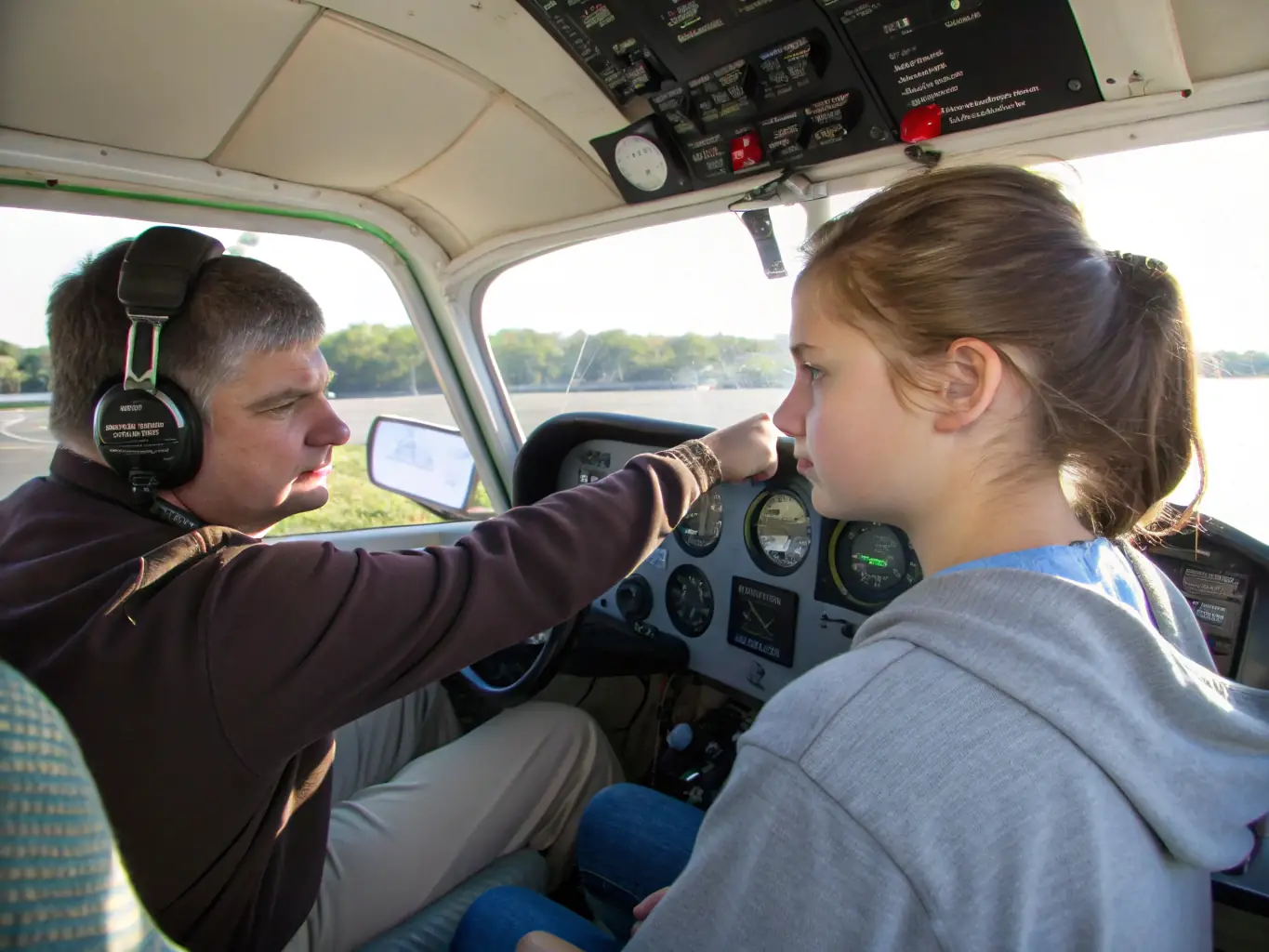 A student pilot in the cockpit of a small aircraft, receiving instruction from a certified flight instructor, with the airfield visible in the background.