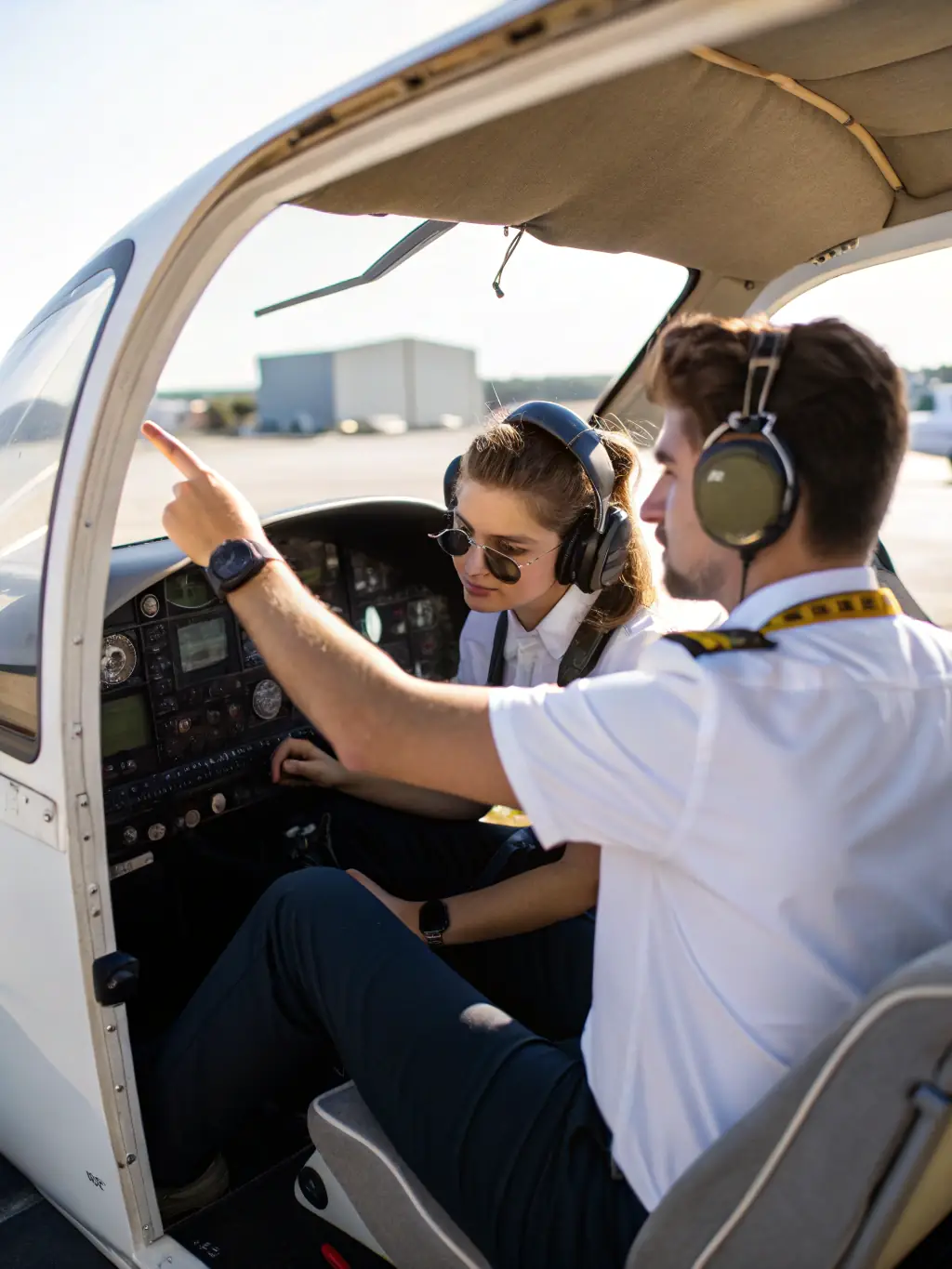 A close-up shot of a student pilot's hands on the controls of a small aircraft, with the instructor's hand gently guiding them, emphasizing the hands-on learning experience at AERO CLUB DE BRIVE.