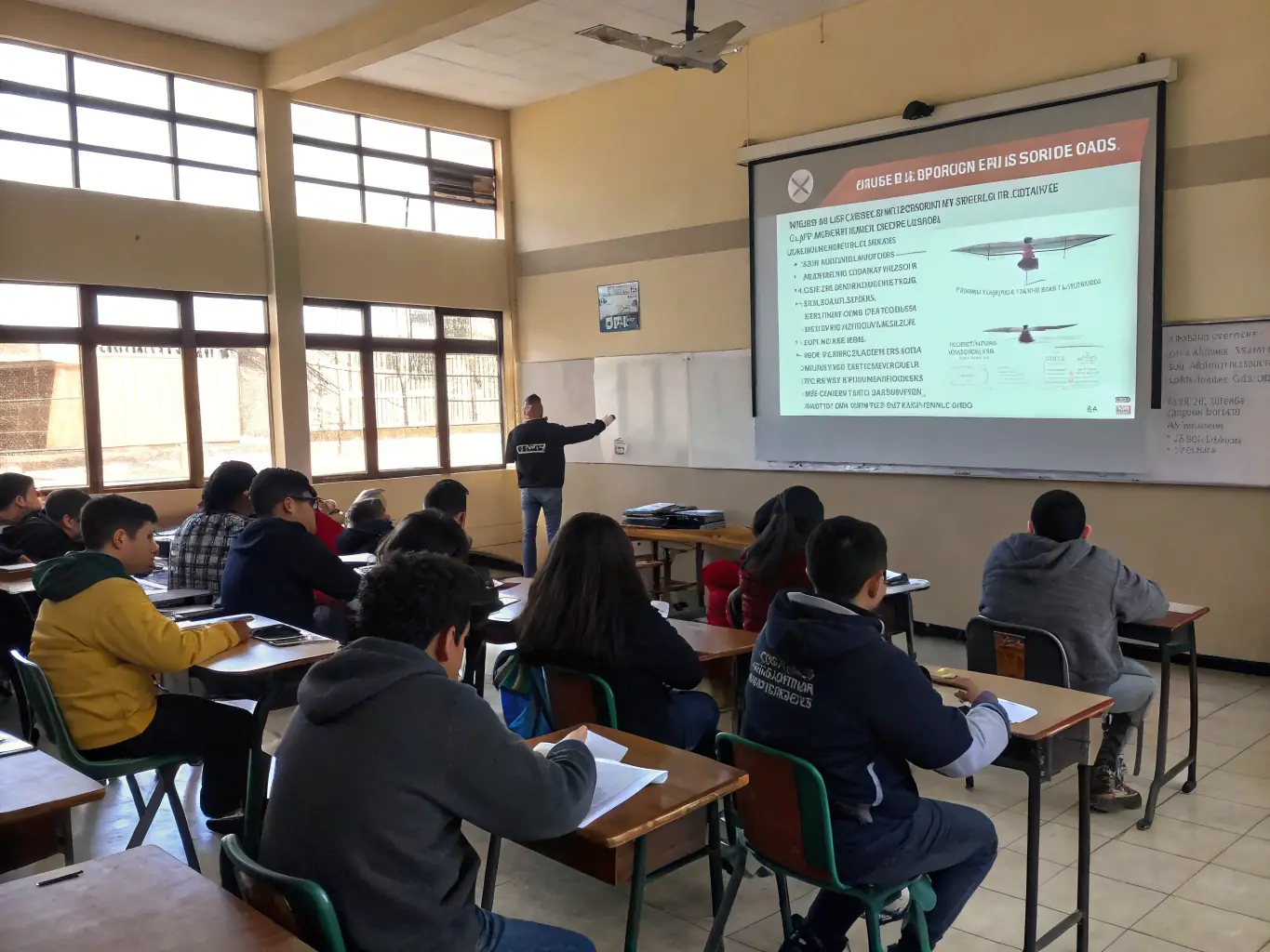A group of students attending a ground school session, learning about aviation theory and regulations in a classroom setting.