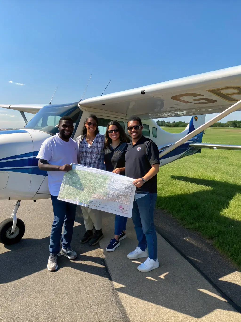 A high-angle shot of a group of pilots and instructors gathered around an aircraft, conducting a pre-flight safety check, highlighting the club's commitment to safety.