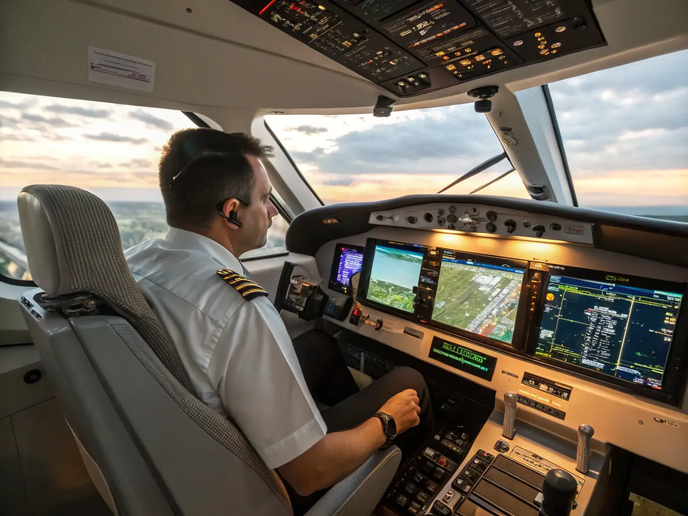 A student pilot in the cockpit of a small aircraft, receiving instruction from a certified flight instructor, with a clear blue sky visible through the windshield.