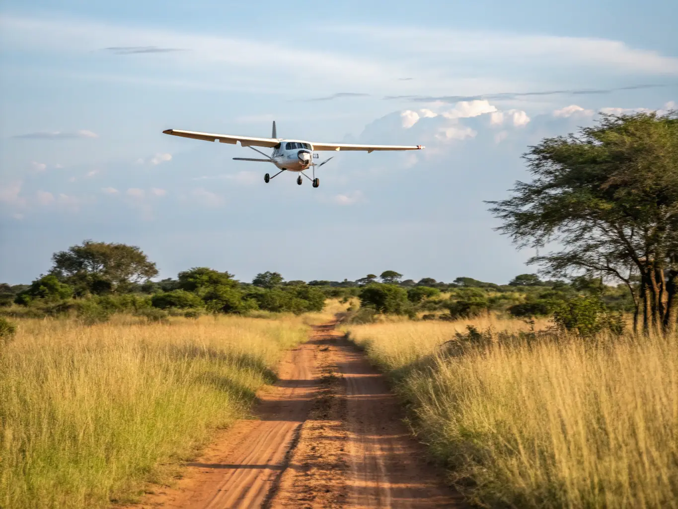 A pilot performing pre-flight checks on a Cessna 172 aircraft at sunset, with the airfield and control tower in the background.